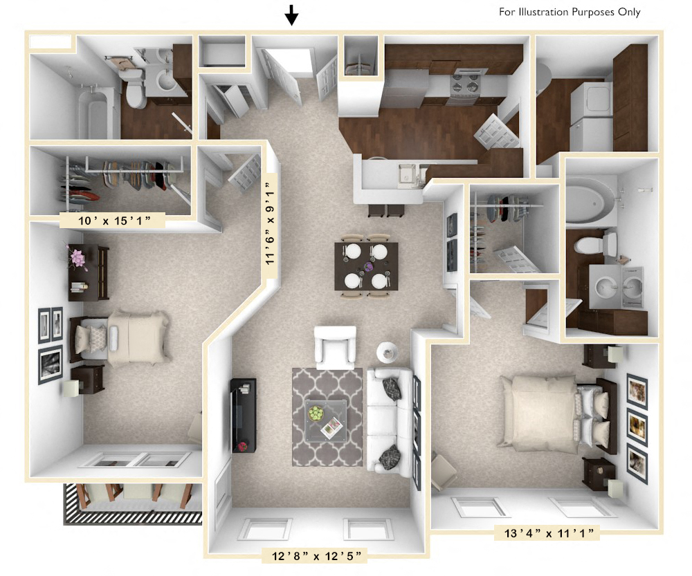 Floor plan for 2 beds, 2 baths, 1096 sqft